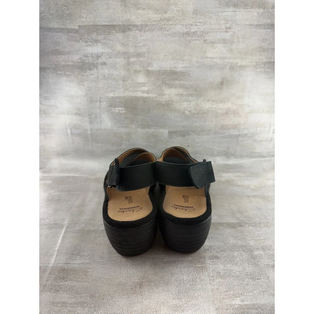 Clarks Collection Black Perforated Wedge Sandals Women Sz 8M Cushion Soft Shoes